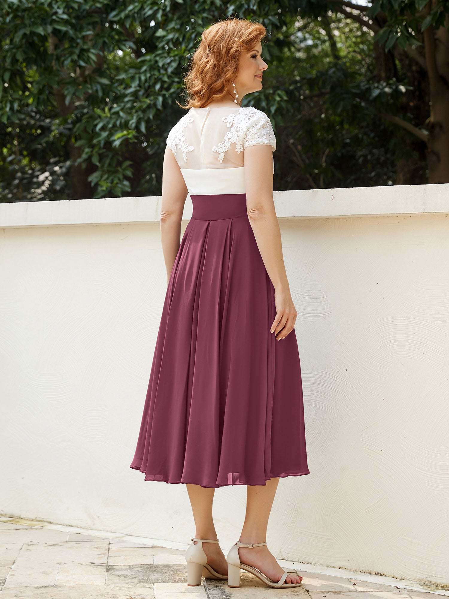 Cap Sleeves Chiffon Dresses with Ivory Bodice Mulberry